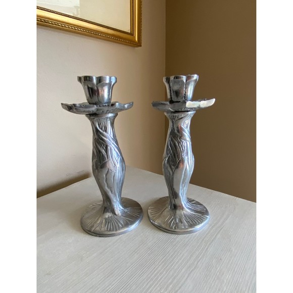 Vintage Pair of 7" Pewter Flower w/Stem Leaves Candle Holders - Picture 1 of 9